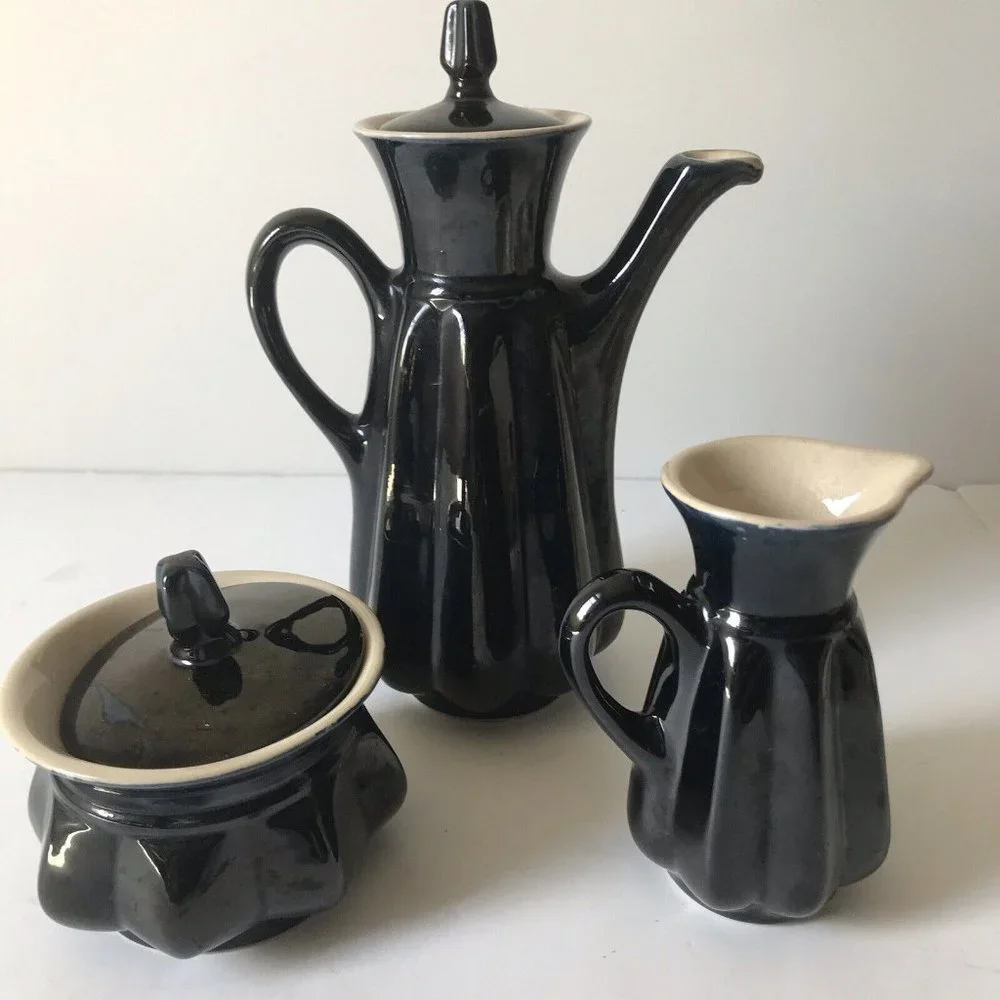 MCM blue black octagonal ceramic teapot creamer sugar set‎ artist signed